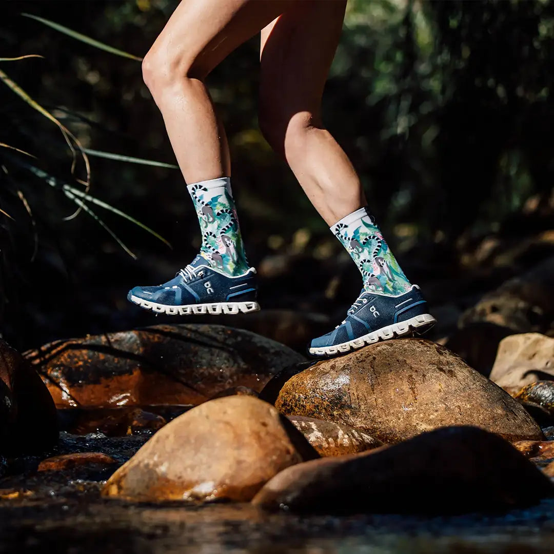 Calcetínes divertidos con lemures africanos tipo ilustración en azules y verdes