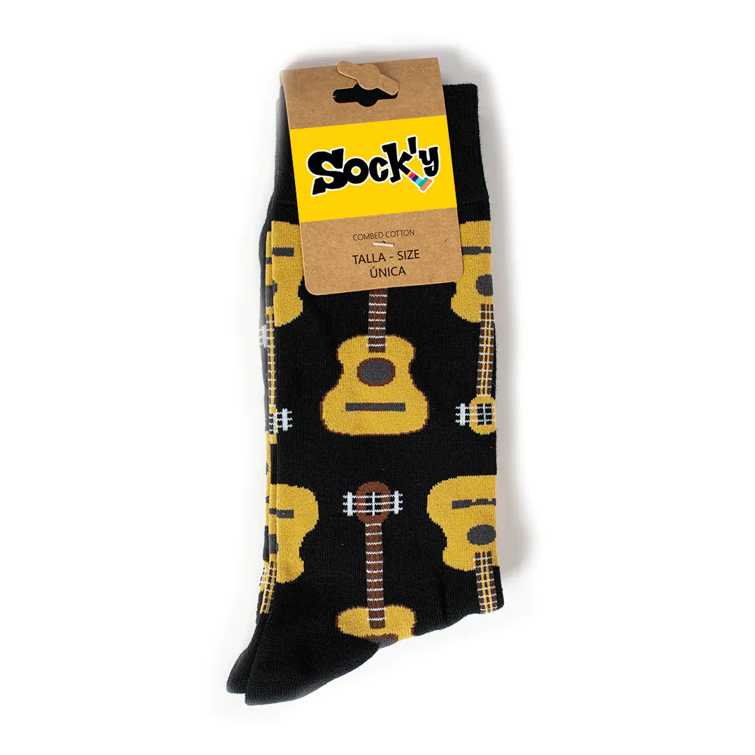 Calcetines negros con motivos de guitarras españolas
