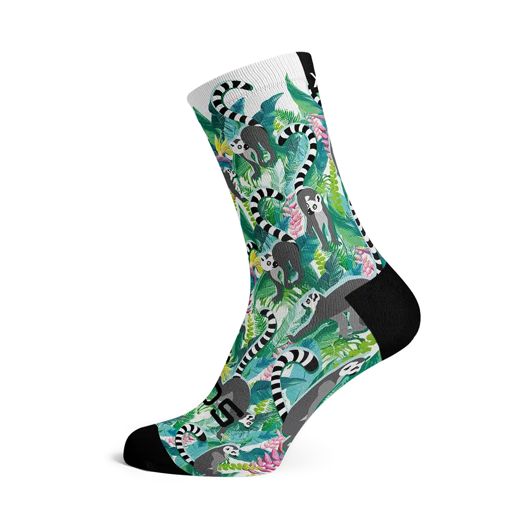 Calcetín con patrón de lemures africanos tipo ilustración con tonalidad azul y verde