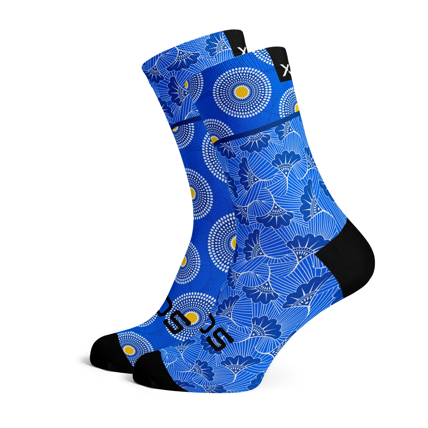 Calcetines con motivo típico sudafricano (shweshwe) en tonos azules brillantes