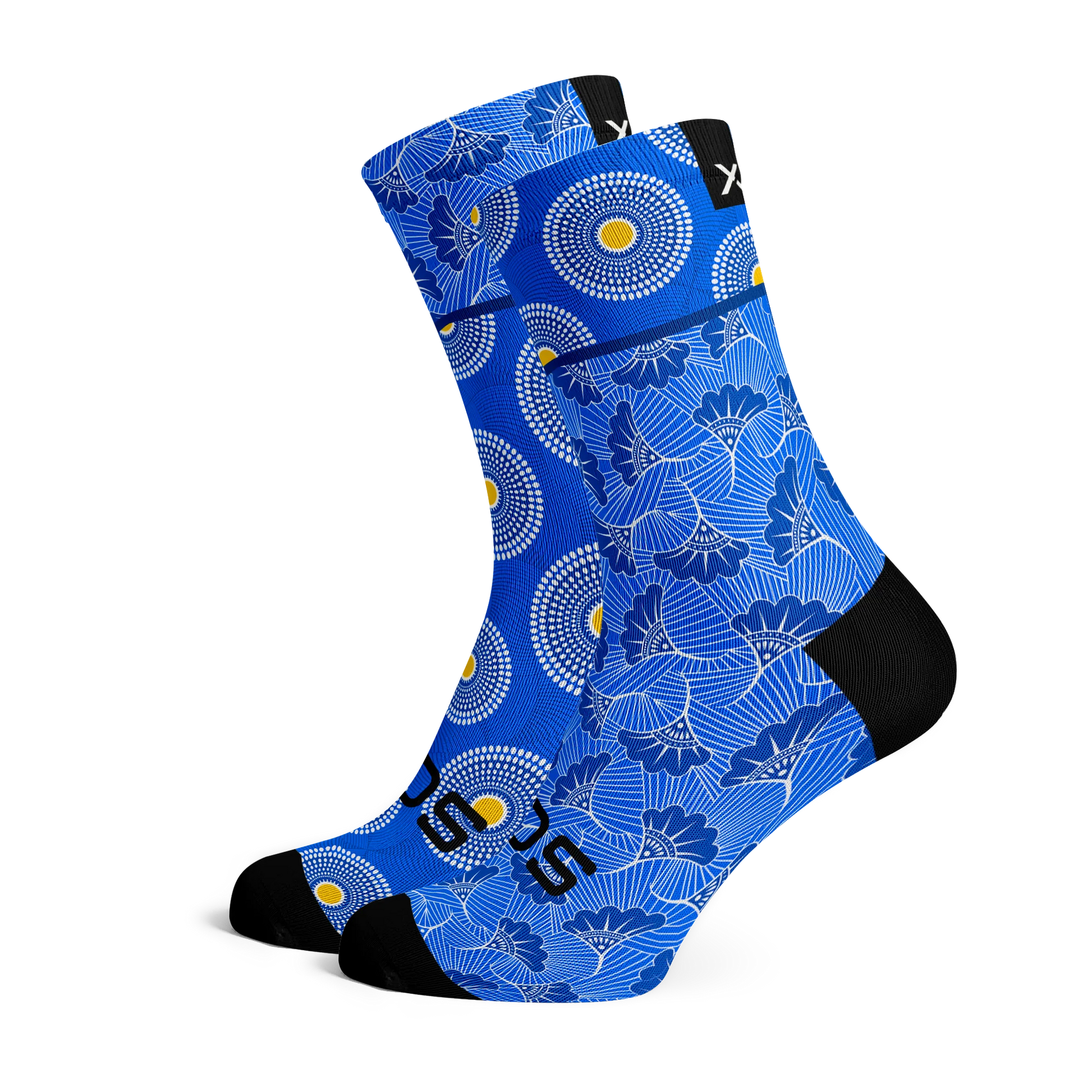 Calcetines con motivo típico sudafricano (shweshwe) en tonos azules brillantes