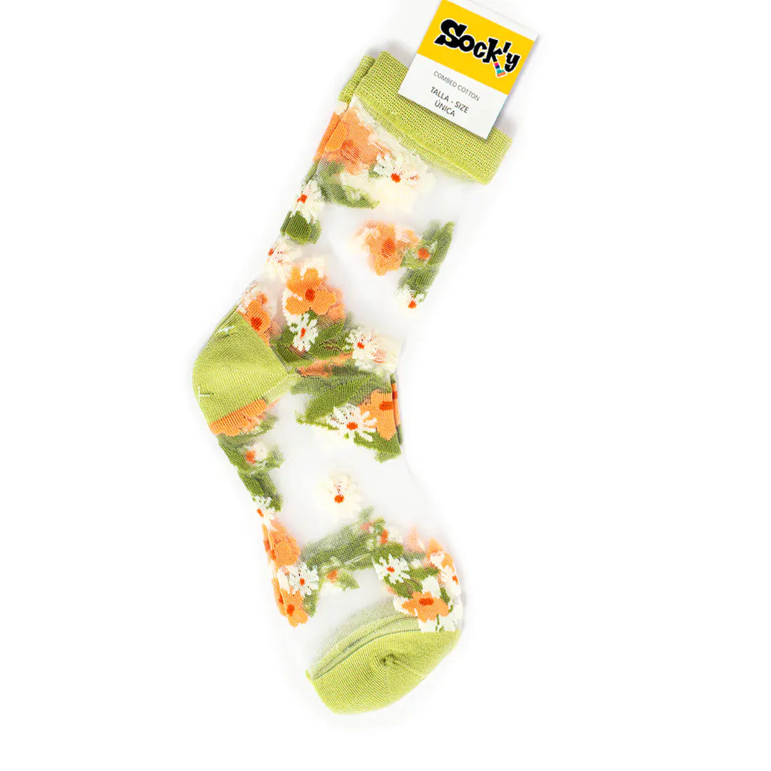 Calcetines transparentes con motivos florales verdes